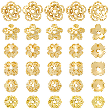 120Pcs 6 Style Brass & Alloy Bead Caps, Long-Lasting Plated, Flower, Real 14K Gold Plated, 6~10.5x2~3mm, Hole: 1.2~1.4mm, 20pcs/style