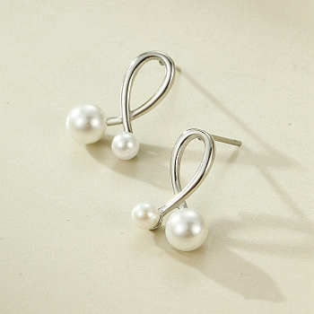 304 Stainless Steel Stud Earrings, with Shell Beads, Round, Stainless Steel Color, 17.5x10.5mm