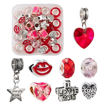 DIY Valentine's Day Themed Jewelry Making Kits, Including 16Pcs Handmade Glass European Beads, 16Pcs Alloy European Beads and 4Pcs Alloy European Dangle Charms, Rondelle & Heart & Lip & Word & Star, Mixed Color, 36pcs/box