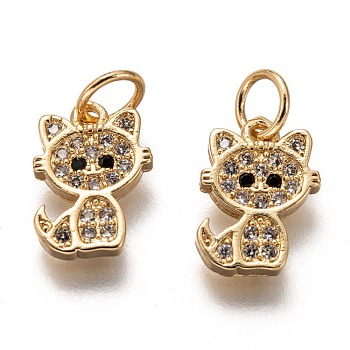 Brass Micro Pave Clear Cubic Zirconia Charms, Long-Lasting Plated, with Jump Ring, Cat, Golden, 11.5x8x2mm, Jump Ring: 5x1mm, 3mm Inner Diameter