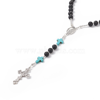 Natural Lava Rock & Synthetic Green Turquoise Rosary Bead Necklace(NJEW-TA00041-02)-3