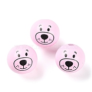 Spray Painted Natural Wood European Beads, Large Hole Beads, Round with Printed Bear , Pearl Pink, 25mm, Hole: 6mm, about 100pcs/500g(WOOD-D024-01B)