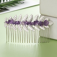 Leaf Natural Amethyst Chips Hair Combs, with Iron Combs, Hair Accessories for Women Girls, 45x80x10mm(PW-WG12843-26)
