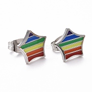 Pride Style 201 Stainless Steel Stud Earrings, with Enamel and Alloy Ear Nuts, Star, Colorful, Stainless Steel Color, 10x10mm, Pin: 0.7mm(EJEW-F276-04P)