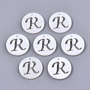 Natural Freshwater Shell Charms, Flat Round with Hollow Out Letter, Letter.R, 14.5x1.5mm, Hole: 0.9mm(X-SHEL-S276-119R)