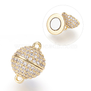 Brass Micro Pave Cubic Zirconia Magnetic Clasps with Loops, N50 Grade Strong Magnet, Long-Lasting Plated, Real 18K Gold Plated, Cadmium Free & Nickel Free & Lead Free, Round, 16x12mm, Hole: 1mm(ZIRC-E120-05G-12mm-NR)