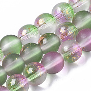 Frosted Spray Painted Glass Beads Strands, with Golden Foil, Round, Medium Sea Green, 8~9mm, Hole: 1.2~1.5mm, about 46~56pcs/Strand, 14.37 inch~16.3 inch(36.5~41.4cm)(X-GLAA-N035-03C-C01)