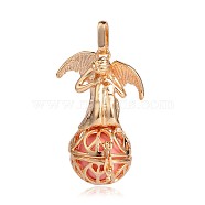 Golden Plated Brass Hollow Round Cage Pendants, with No Hole Spray Painted Brass Round Beads, Angel, Pink, 44x29x20mm, Hole: 3x8mm(KK-J249-06G)