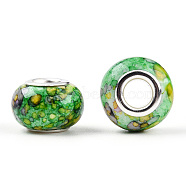 Opaque Resin European Beads, Imitation Crystal, Two-Tone Large Hole Beads, with Silver Tone Brass Double Cores, Rondelle, Lime Green, 14x9.5mm, Hole: 5mm(RPDL-T003-09G)