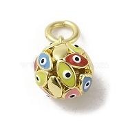 Brass Enamel Charms, with Jump Ring, Real 18K Gold Plated, Round with Evil Eye Charm, Colorful, 12.5x10mm, Hole: 3.6mm(KK-E092-12G-05)
