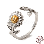 Rhodium Plated 925 Sterling Silver Finger Ring, Cubic Zirconia Chrysanthemum Cuff Ring for Women, with S925 Stamp, Real 18K Gold Plated & Real Platinum Plated, 2~10mm, Inner Diameter: 17mm(RJEW-C064-07)