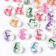 Transparent Clear Acrylic Beads, Horizontal Hole, Flat Round with Mixed Color Letter, Letter.L, 7x3.5mm, Hole: 1.2mm, about 3700pcs/500g(MACR-N008-56L)
