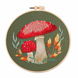 Mushroom Pattern Embroidery Starter Kits, including Embroidery Fabric & Thread, Needle, Embroidery Hoop, Instruction Sheet, Dark Olive Green, 300x300mm(MUSH-PW0003-01C)