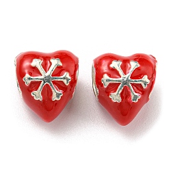 Christmas Brass Enamel European Beads, Large Hole Beads, Lead Free & Cadmium Free, Long-Lasting Plated, Platinum, Heart with Snowflake, Red, 11x10x9.5mm, Hole: 5mm(KK-D038-17P)