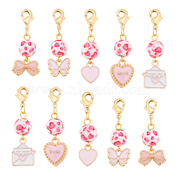 PandaHall Elite 2 Sets Valentine's Day Alloy Enamel Pendant Decorations Sets, Clip-on Charms, with Spray Painted Resin Beads & Brass Lobster Claw Clasps, for Keychain, Purse Ornament, Pink, 38.5~45mm, 5pcs/set(HJEW-PH0001-57)