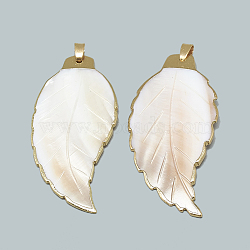 Electroplate Freshwater Shell Big Pendants, with Brass Findings, Leaf, Golden, Seashell Color, 64~66x30~32x3mm, Hole: 4x3mm(SHEL-S273-009)
