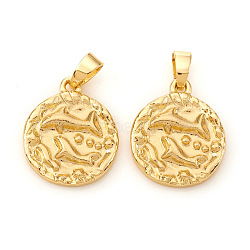 Brass Pendants, Textured, Flat Round with Constellation/Zodiac Sign, Real 18K Gold Plated, Pisces, 16.5x14x2mm, Hole: 5x2.5mm(KK-I672-33L)