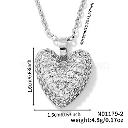 Elegant Romantic Heart Brass Micro Pave Clear Cubic Zirconia Pendant Necklace for Women, with Cable Chain, Platinum, 15.75 inch(40cm)(XT9950-2)