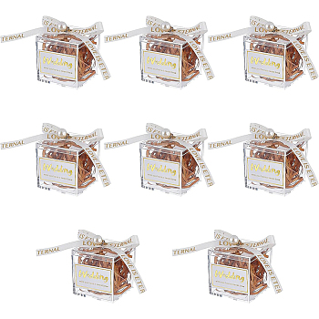 Square Transparent Acrylic Candy Gift Boxes, with Plastic Imitated Pearls Rhinestone Pendants, Floral White Polyester Ribbon, Raffia Crinkle Cut Paper Shred Filler and Sticker, Wedding, Floral White, 5.5x5.5x5.6cm