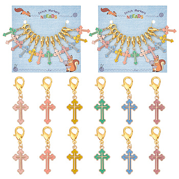Alloy Enamel Pendant Locking Stitch Markers, Alloy Lobster Claw Clasps & Steel Wine Glass Charm Rings Stitch Marker, Religion Cross, Mixed Color, 4.2cm, 6 colors, 2pcs/color, 12pcs/set