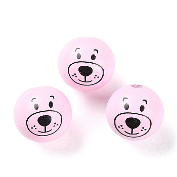 Spray Painted Natural Wood European Beads, Large Hole Beads, Round with Printed Bear , Pearl Pink, 25mm, Hole: 6mm, about 100pcs/500g
