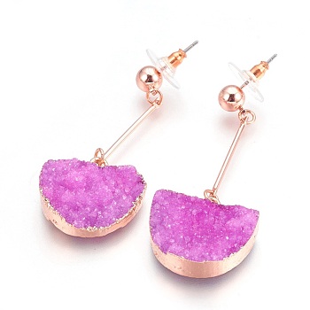 Natural Druzy Quartz Dangle Stud Earrings, with Golden Tone Brass Findings, Half Round, Magenta, 56mm, Pin: 0.7mm