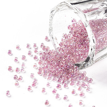 11/0 Grade A Transparent Glass Seed Beads, Inside Color, AB Color Plated, Pearl Pink, 2.3x1.5mm, Hole: 1mm, about 5380/50g