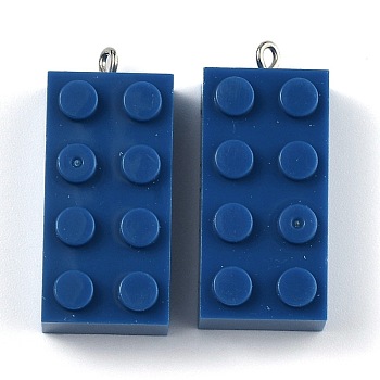 Opaque Acrylic Pendants, with Platinum Iron Loop, Long Rectangle Building Block Charms, Midnight Blue, 36x16x11.5mm, Hole: 1.5mm