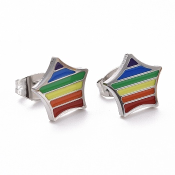 Pride Style 201 Stainless Steel Stud Earrings, with Enamel and Alloy Ear Nuts, Star, Colorful, Stainless Steel Color, 10x10mm, Pin: 0.7mm