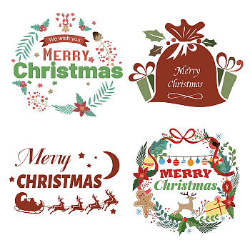 PVC Wall Sticker, for Window or Stairway Home Decoration, Square, Christmas Wreath, 18x18x0.03cm, 4pcs/set