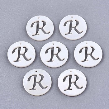 Natural Freshwater Shell Charms, Flat Round with Hollow Out Letter, Letter.R, 14.5x1.5mm, Hole: 0.9mm