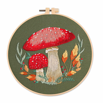 Mushroom Pattern Embroidery Starter Kits, including Embroidery Fabric & Thread, Needle, Embroidery Hoop, Instruction Sheet, Dark Olive Green, 300x300mm
