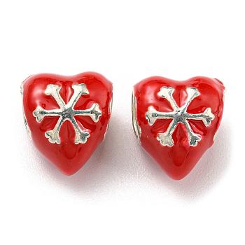 Christmas Brass Enamel European Beads, Large Hole Beads, Lead Free & Cadmium Free, Long-Lasting Plated, Platinum, Heart with Snowflake, Red, 11x10x9.5mm, Hole: 5mm
