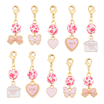PandaHall Elite 2 Sets Valentine's Day Alloy Enamel Pendant Decorations Sets, Clip-on Charms, with Spray Painted Resin Beads & Brass Lobster Claw Clasps, for Keychain, Purse Ornament, Pink, 38.5~45mm, 5pcs/set