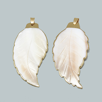 Electroplate Freshwater Shell Big Pendants, with Brass Findings, Leaf, Golden, Seashell Color, 64~66x30~32x3mm, Hole: 4x3mm