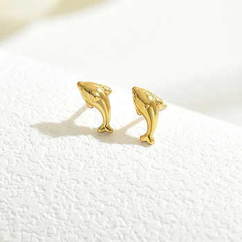 Real 18K Gold Plated Elegant Vintage Casual Fashion Stainless Steel Dolphin Stud Earrings for Women