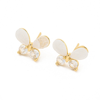Brass Micro Pave Cubic Zirconia Stud Earring, with Acrylic Finding, Butterfly, Light Gold, 11x15mm