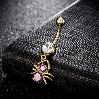 Piercing Jewelry, Brass Cubic Zirconia Navel Ring, Belly Rings, with Surgical Stainless Steel Bar, Cadmium Free & Lead Free, Real 18K Gold Plated, Spider, Purple, 38x16mm, Bar: 15 Gauge(1.5mm), Bar Length: 3/8"(10mm)