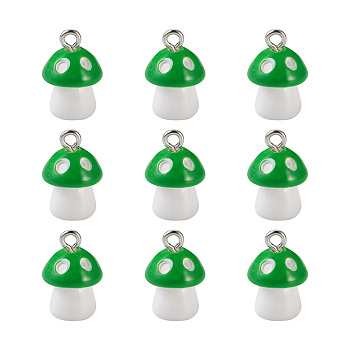 Plastic Pendants, with Platinum Plated Iron Loop, Mushroom with Polka Dots, Green, 17.5x11.5x12mm, Hole: 1.5mm