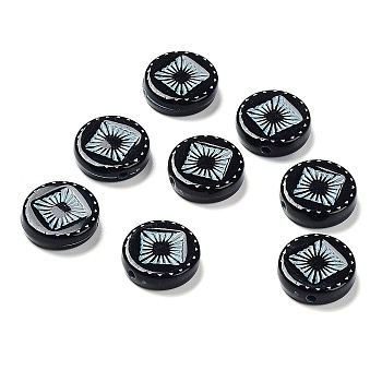Opaque Acrylic Beads, Metal Enlaced, Flat Round with Rhombus Pattern, Black, 15~15.5x4.5~5mm, Hole: 1.8mm, about 606pcs/500g