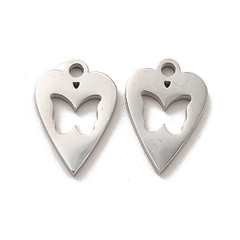 304 Stainless Steel Charms, Heart with Butterfly, Stainless Steel Color, 12.5x9x1.4mm, Hole: 1.4mm