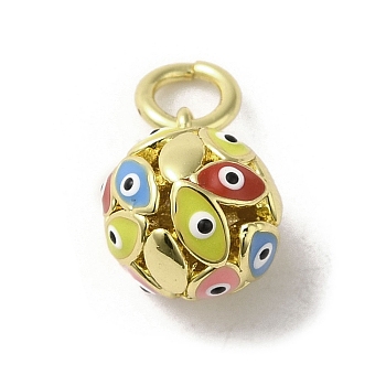 Brass Enamel Charms, with Jump Ring, Real 18K Gold Plated, Round with Evil Eye Charm, Colorful, 12.5x10mm, Hole: 3.6mm