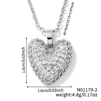 Elegant Romantic Heart Brass Micro Pave Clear Cubic Zirconia Pendant Necklace for Women, with Cable Chain, Platinum, 15.75 inch(40cm)