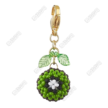Kiwi Fruit Glass Seed Beads Pendant Decorations, Lobster Claw Clasps Charm for Bag Ornaments, Lime Green, 46mm