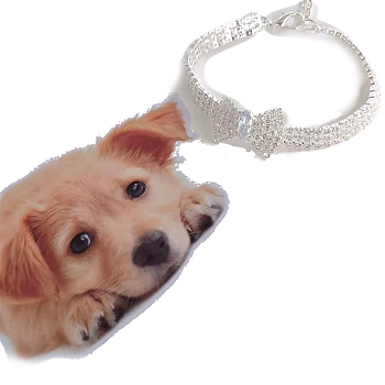 Adjustable 3-Row Brass Micro Pave Cubic Zirconia Cup Chain Pet Collars, Slider Bowknot Cat Dog Choker Necklace, Platinum, 245mm