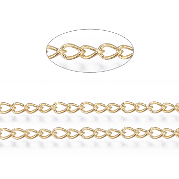 Brass Twisted Chains, Curb Chains, Unwelded, with Spool, Golden, Lead Free & Nickel Free & Cadmium Free, 3x2x0.45~0.5mm, about 301.83 Feet(92m)/roll