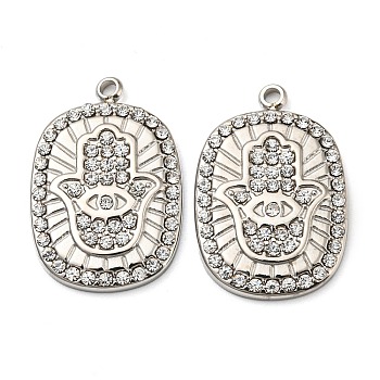 304 Stainless Steel Pendants, with Crystal Rhinestone, Oval with Hamsa Hand Charm, Stainless Steel Color, 22.5x15x2.5mm, Hole: 1.6mm