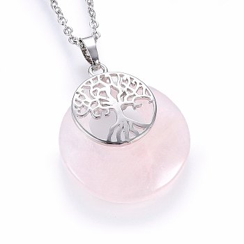 Natural Rose Quartz Flat Round Pendants, Brass Tree of Life Charms, Platinum, 33x28x6mm