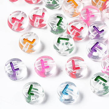 Transparent Clear Acrylic Beads, Horizontal Hole, Flat Round with Mixed Color Letter, Letter.L, 7x3.5mm, Hole: 1.2mm, about 3700pcs/500g