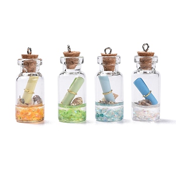 Glass Wishing Bottle Pendant Decorations, with Resin & Paper & Shell, with Cork Stopper and Iron Findings, Mixed Color, 40~42x16mm, Hole: 2mm